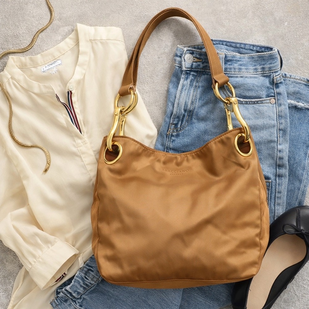 BRACIANO Hobo Style Shoulder Bag Bronze Satin Gold Hardware  Women's Medium Size